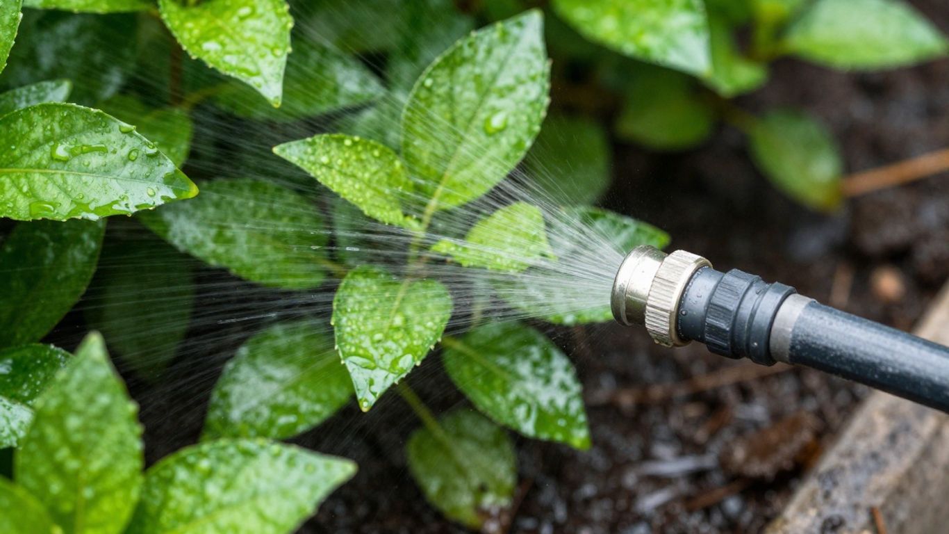 Gartenbewässerung mit Gartenschlauch im Frühsommer