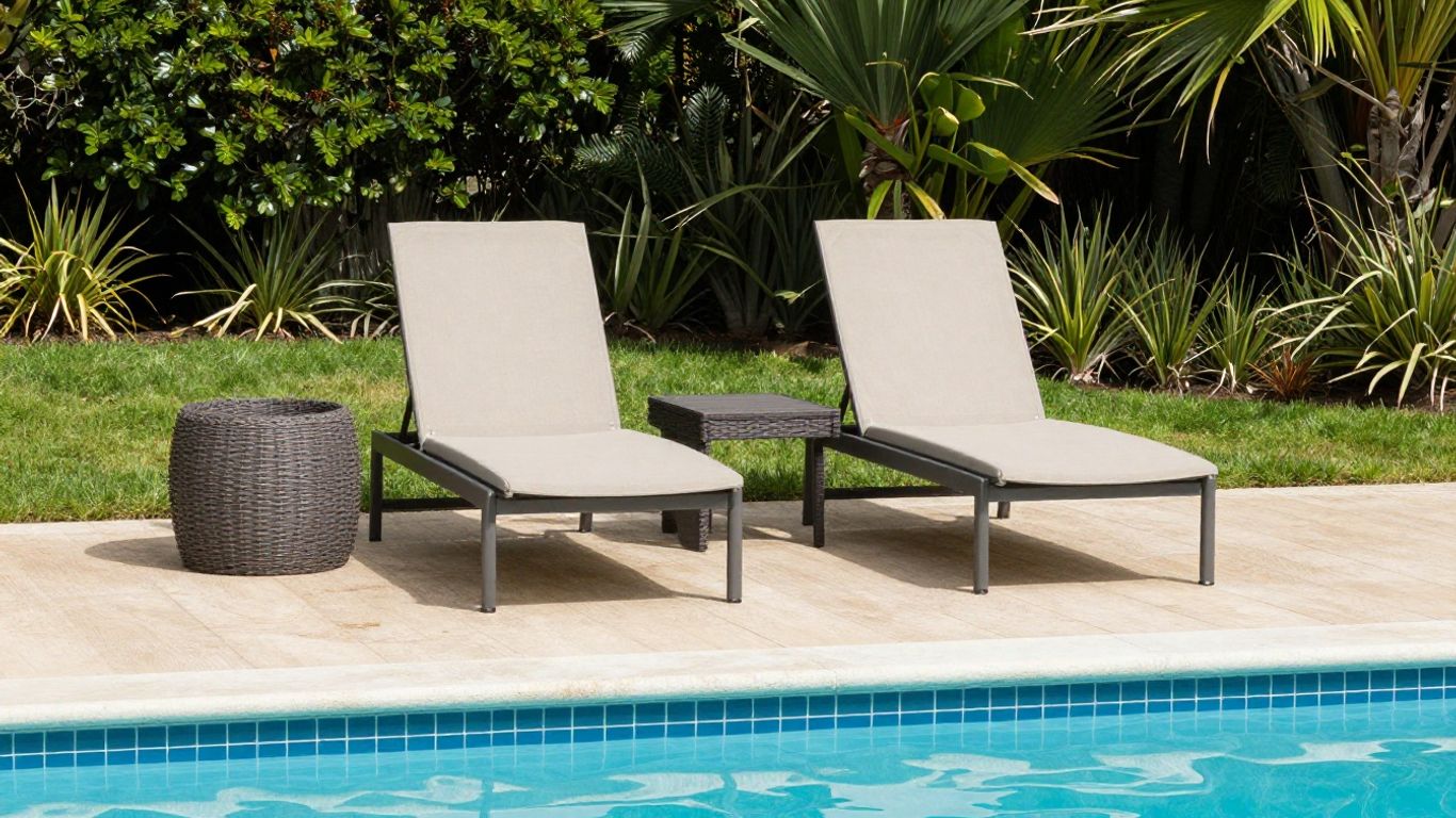 Outdoor loungers beside a sunlit pool