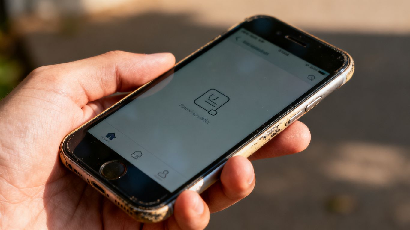 Hand hält gebrauchtes Smartphone mit leerem Bildschirm