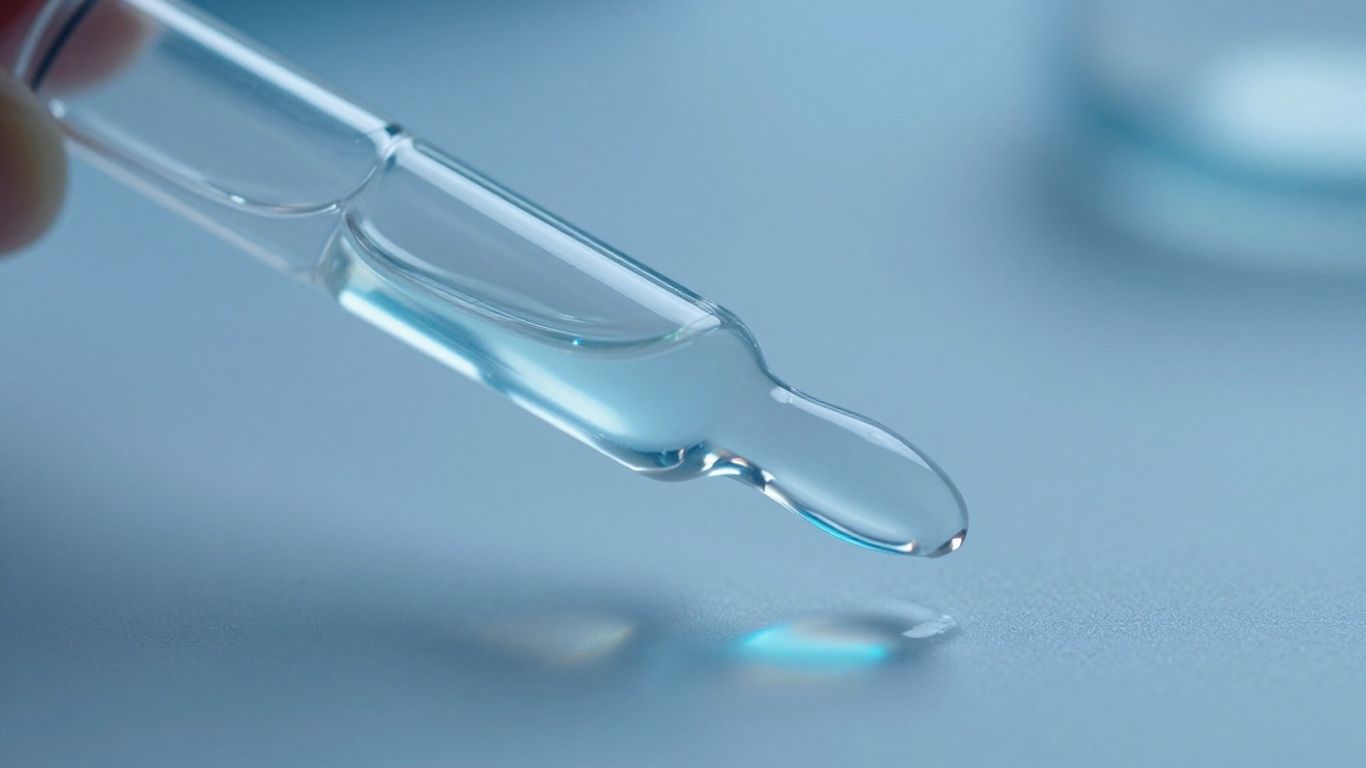 Medical vial with clear liquid, scientific research