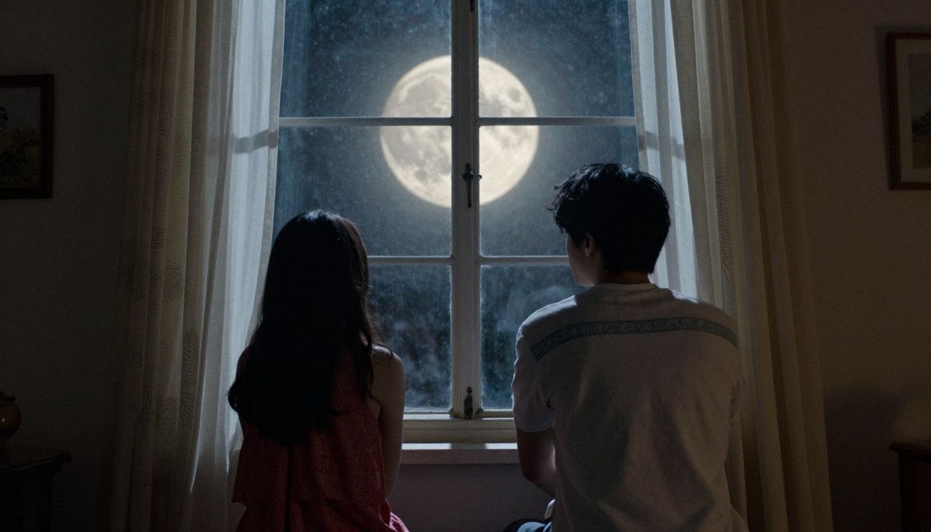 A sinistra casa dos Baker sob uma luz lunar com sombras intensas nas janelas