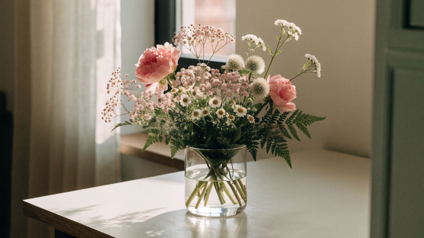 Seasonal flowers arranged in a bright, simple bouquet