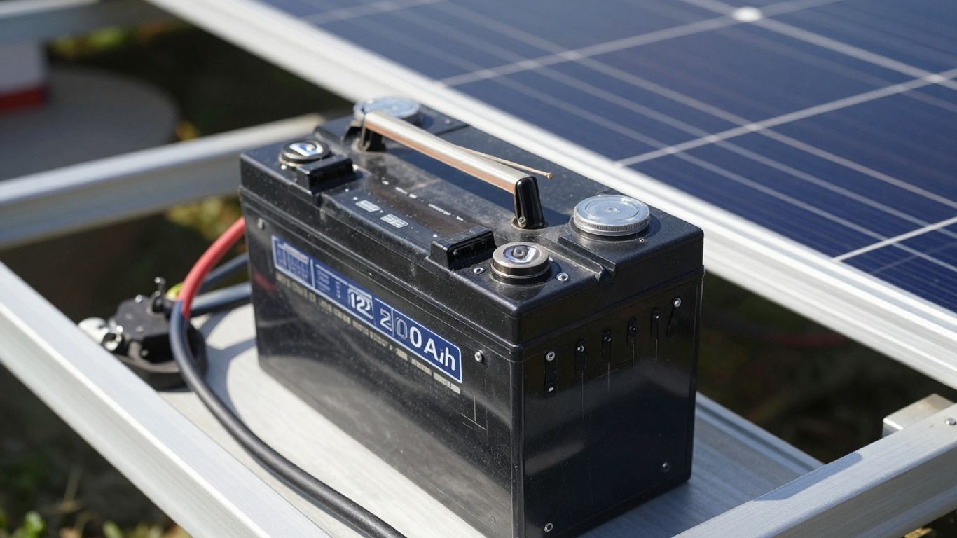 ソーラーパネルが12V 200Ahバッテリーに接続されている