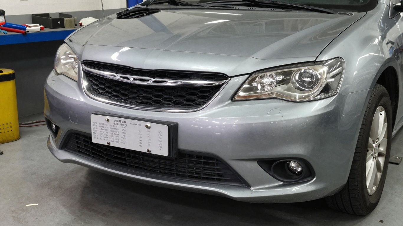 Technician checking bumper fitment against vehicle details