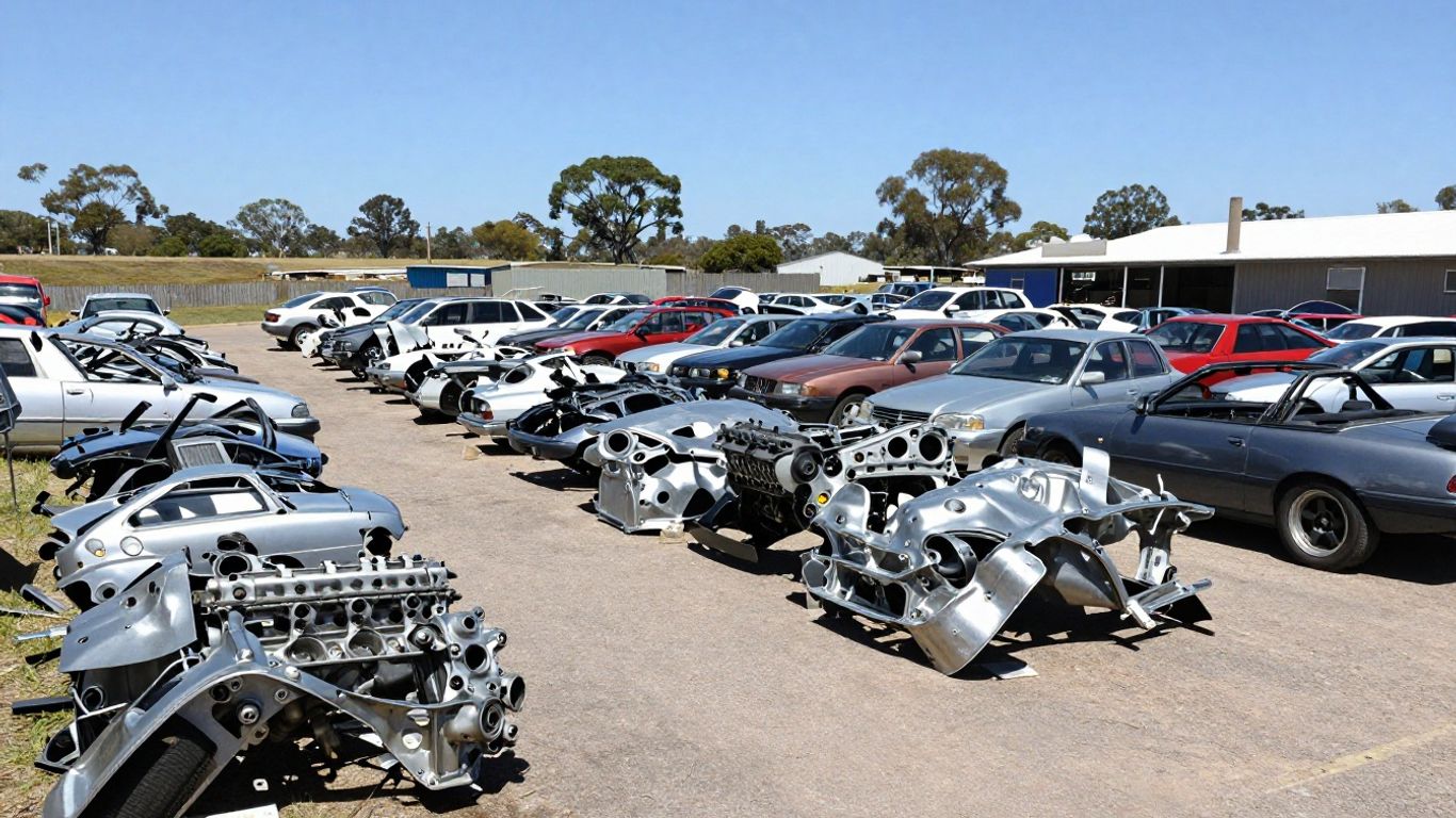 A local automotive yard featuring various salvaged engines