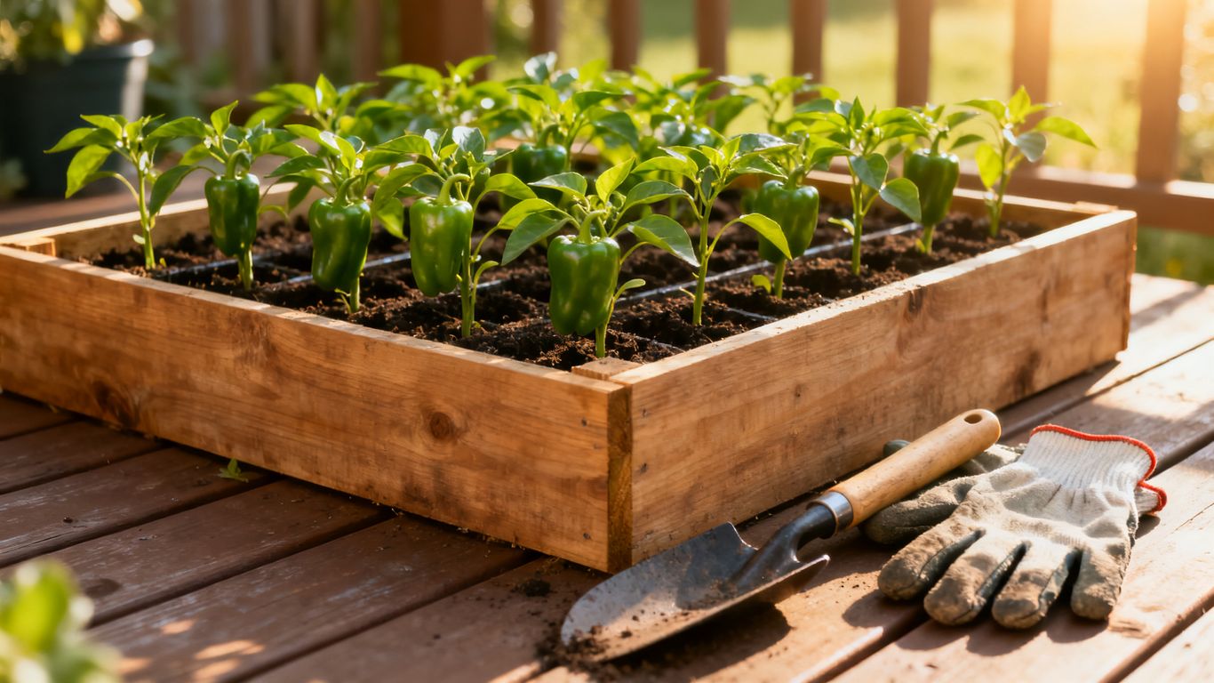 Gartenbeet mit noch grünen Paprika und Zubehör