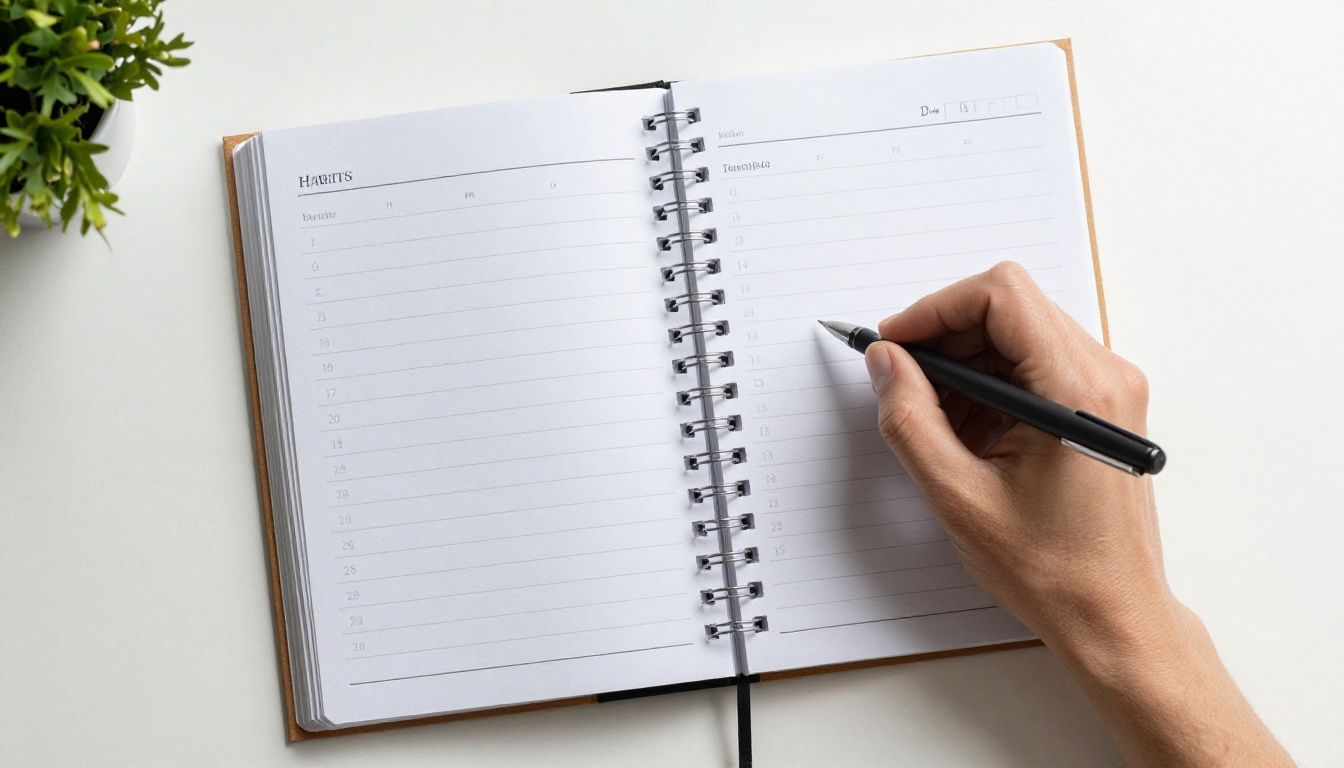 Pessoa organizando metas e hábitos em um caderno, com calendário, rotina saudável e ambiente iluminado
