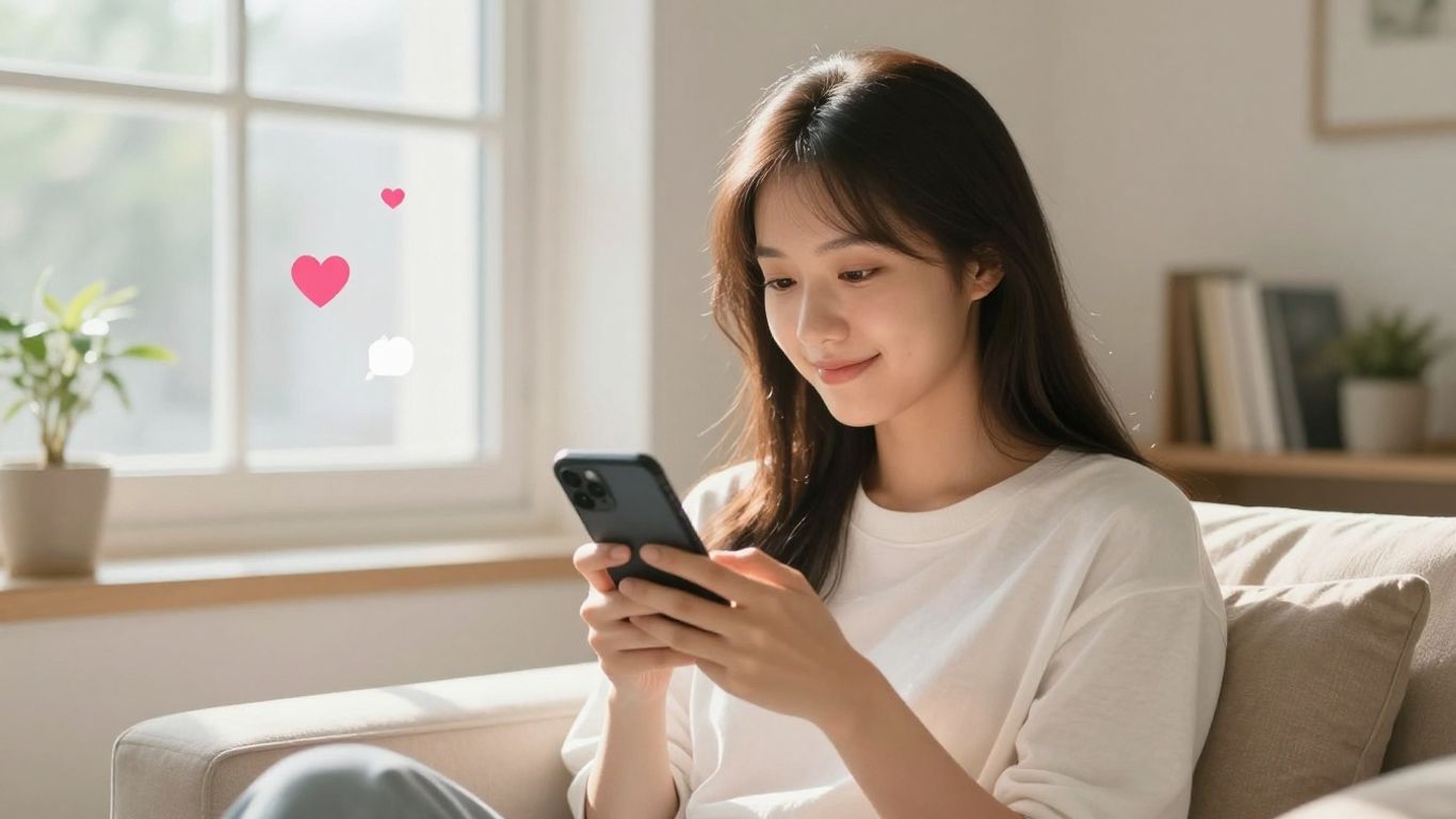 Jeune femme utilisant Instagram dans un intérieur lumineux