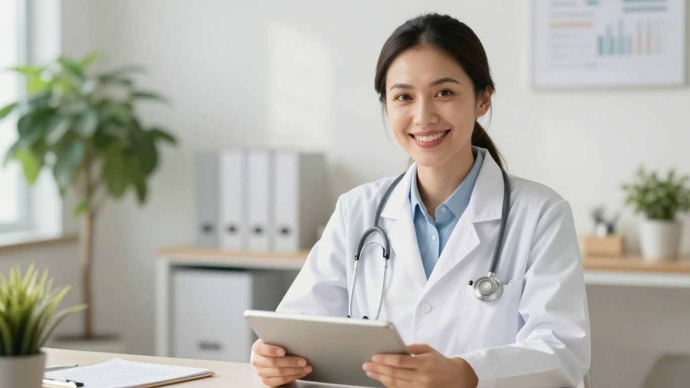 Nutricionista sorrindo em consulta online com plano alimentar.