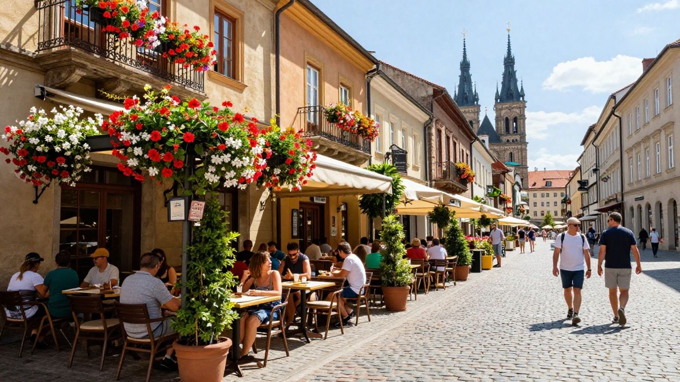 Sunny European city square with flowers and outdoor cafes.