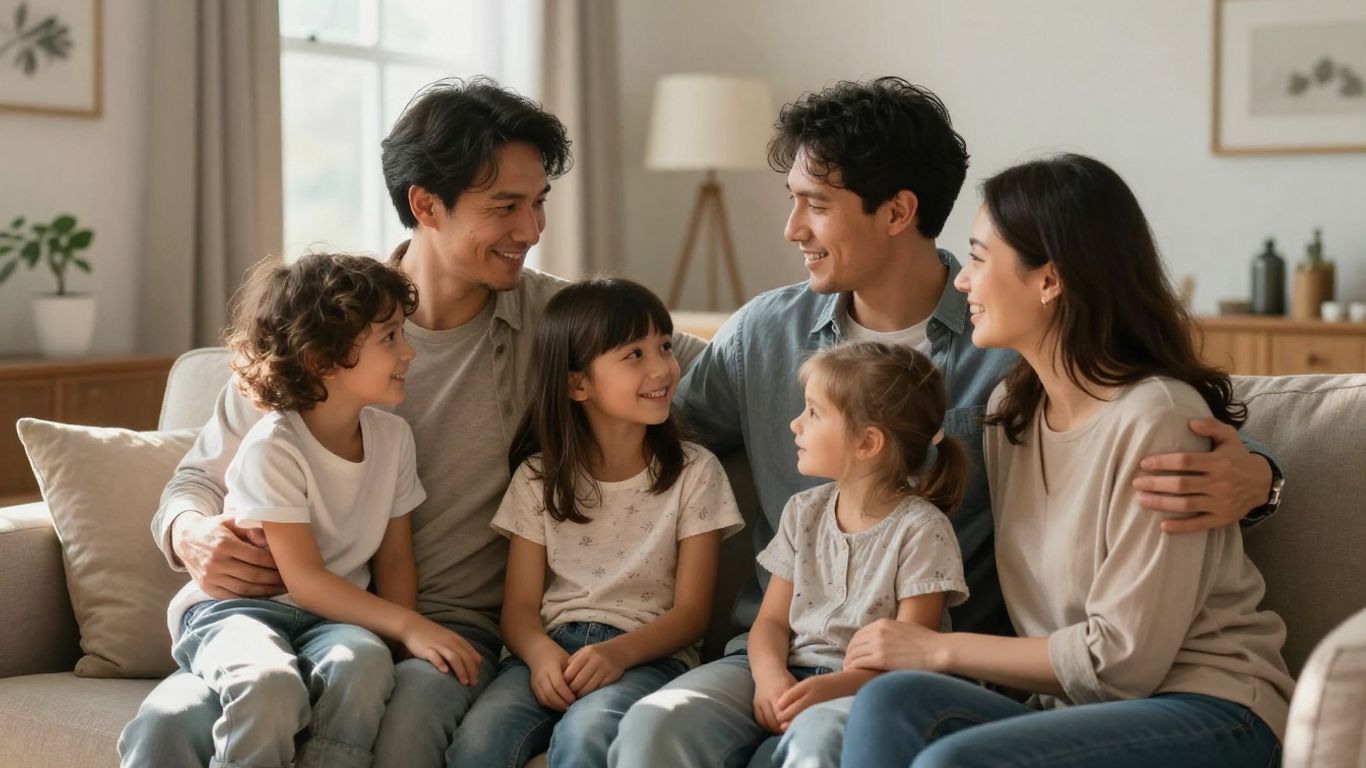 Samengesteld gezin dat samen geniet in een woonkamer.