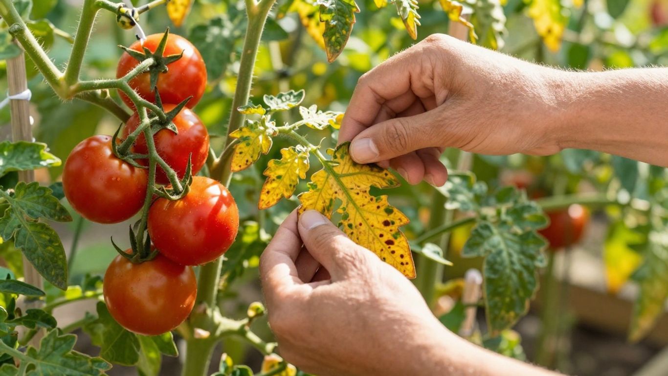 Gärtner entfernt Blätter von Tomatenpflanze