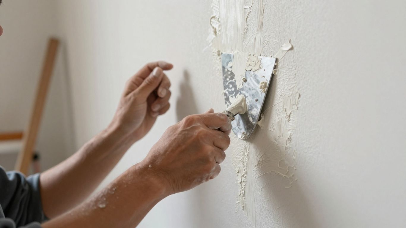 Plasterer applying plaster to a wall with a trowel.