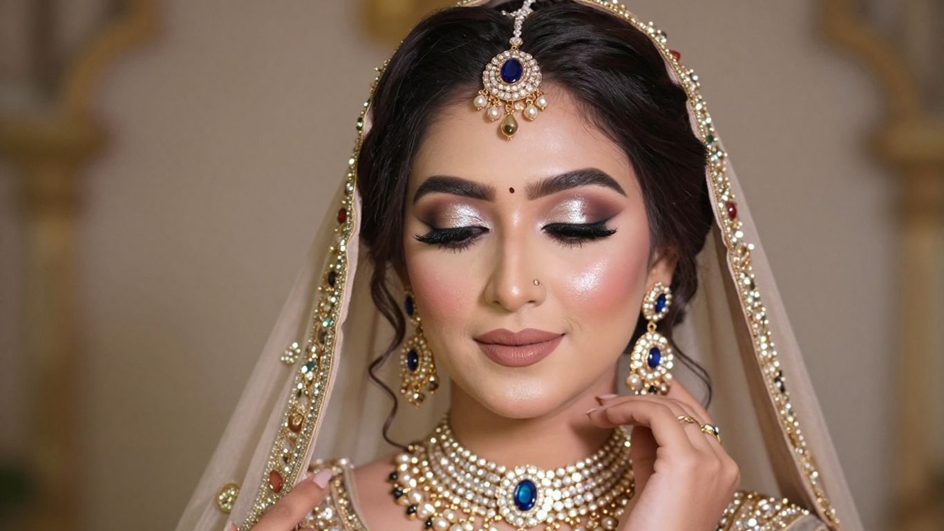 Festive Eid beauty look with shimmering makeup and jewelry.