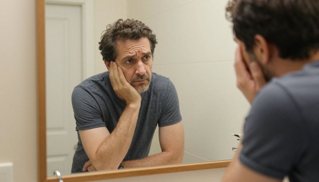 A man in his 40s looking thoughtfully at his reflection in a bathroom mirror, appearing tired and concerned about his health.