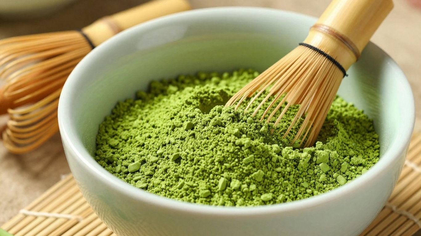 Whisking matcha green tea powder in a ceramic bowl.
