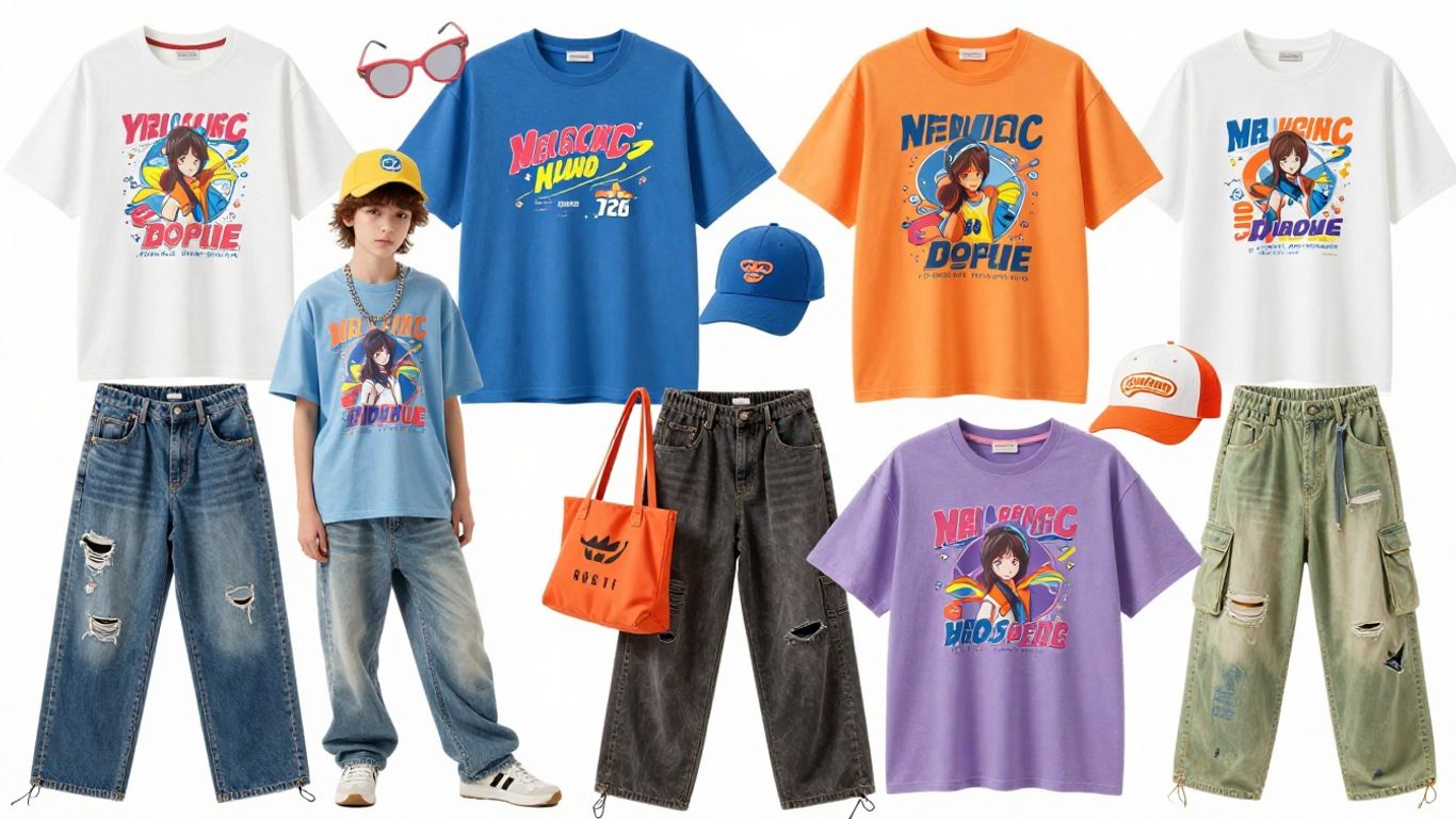 Teens wearing colorful Y2K graphic tees and retro fashion.