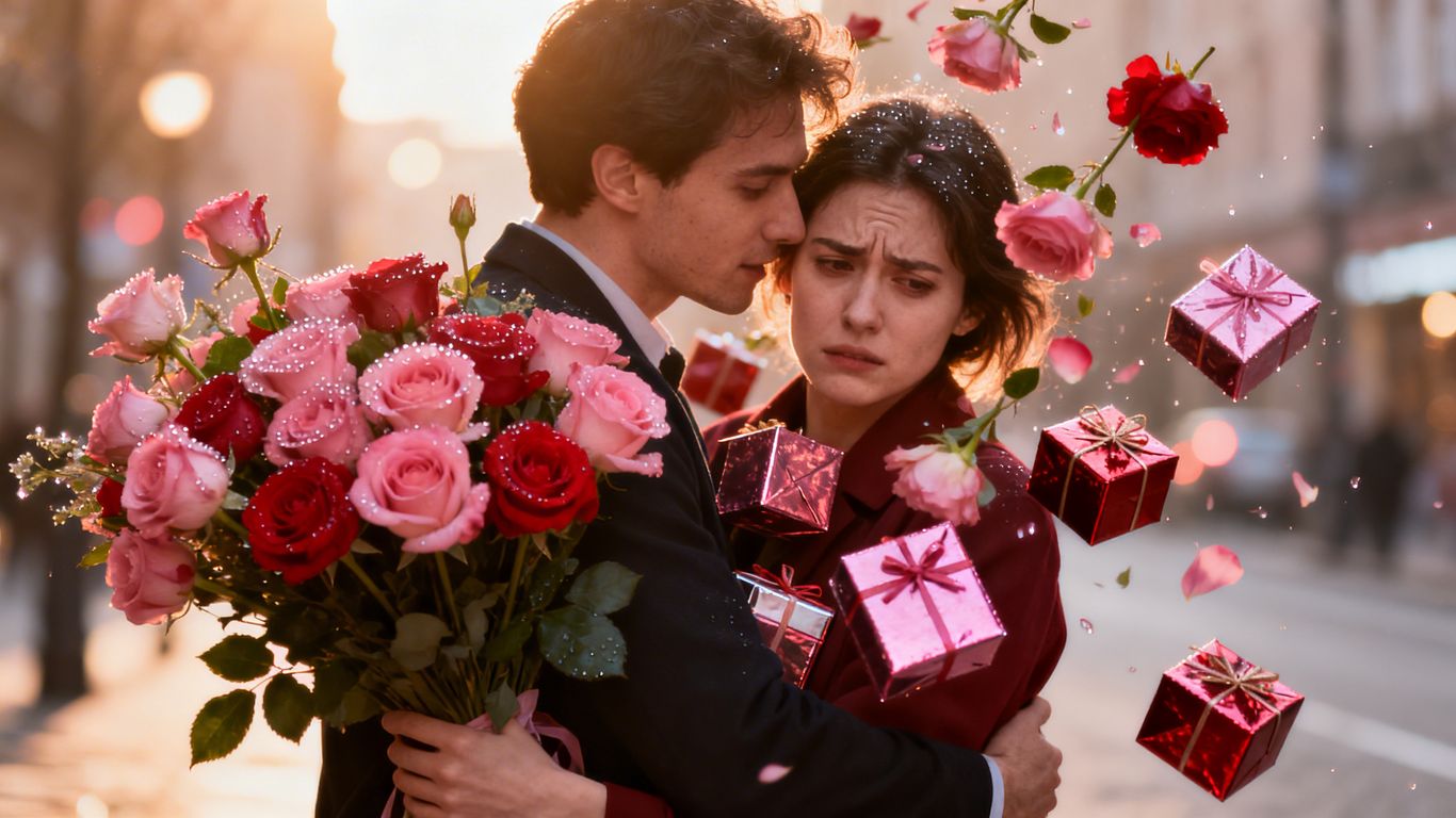 Couple with excessive gifts, one partner looks uncomfortable.