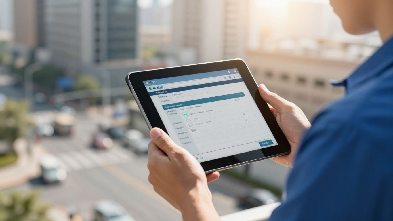 Field service technician using mobile dispatch software on a tablet.