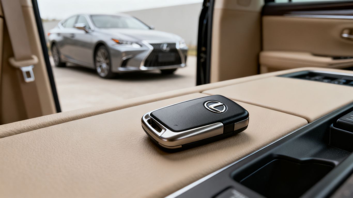 Lexus key fob beside a parked car