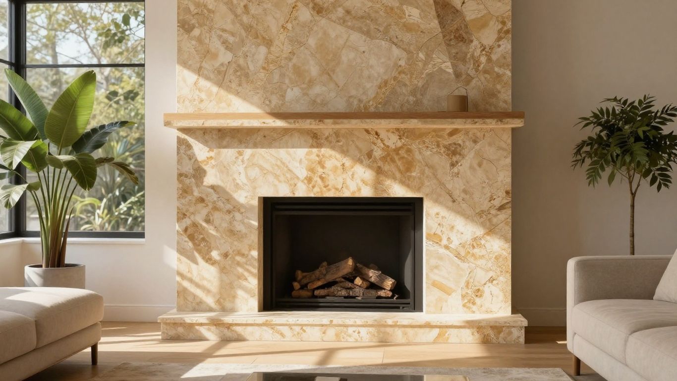 Travertine stone fireplace in a modern living room.