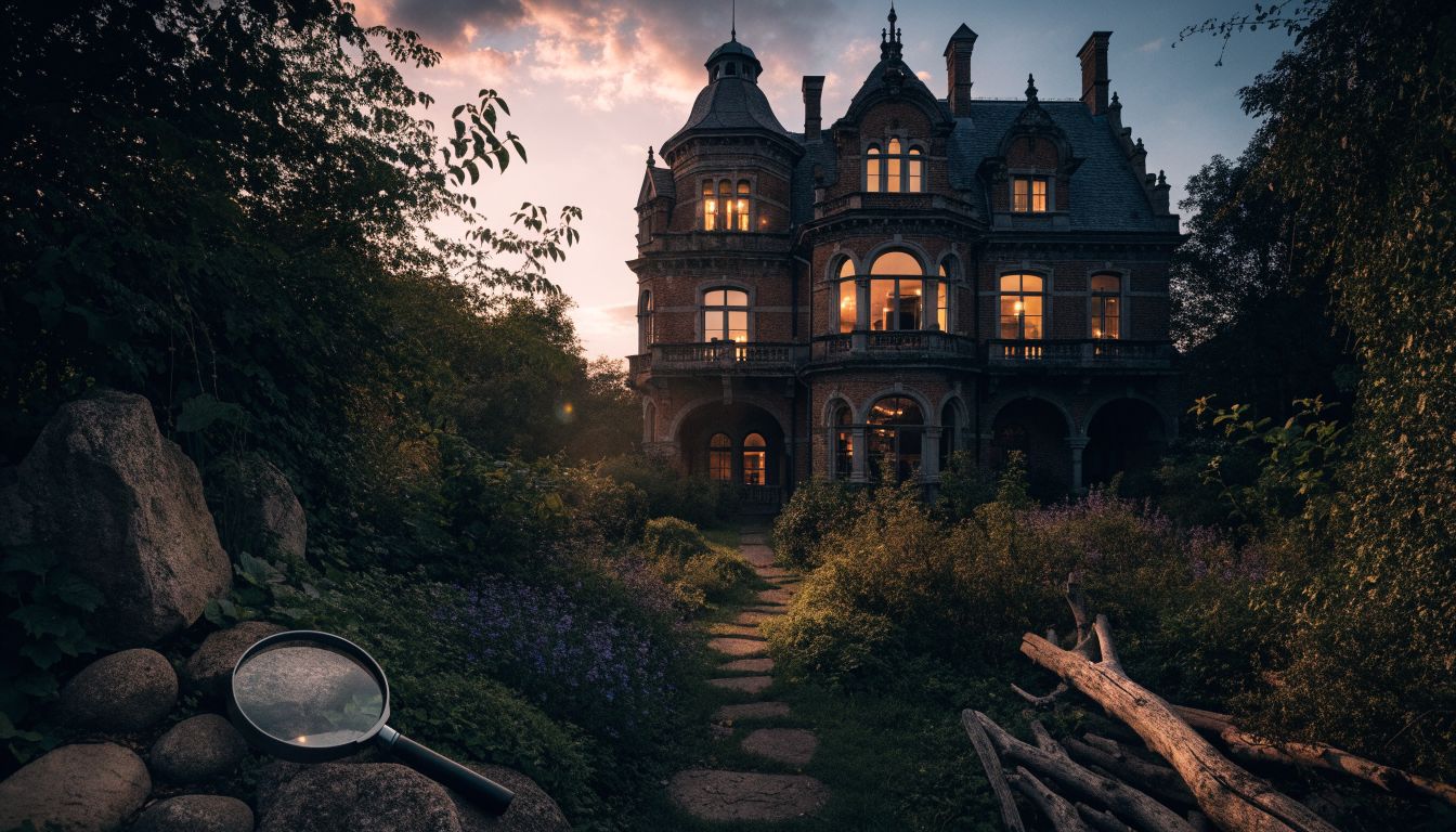 Mansão antiga iluminada ao entardecer, com jardins misteriosos e uma lupa sobre objetos escondidos