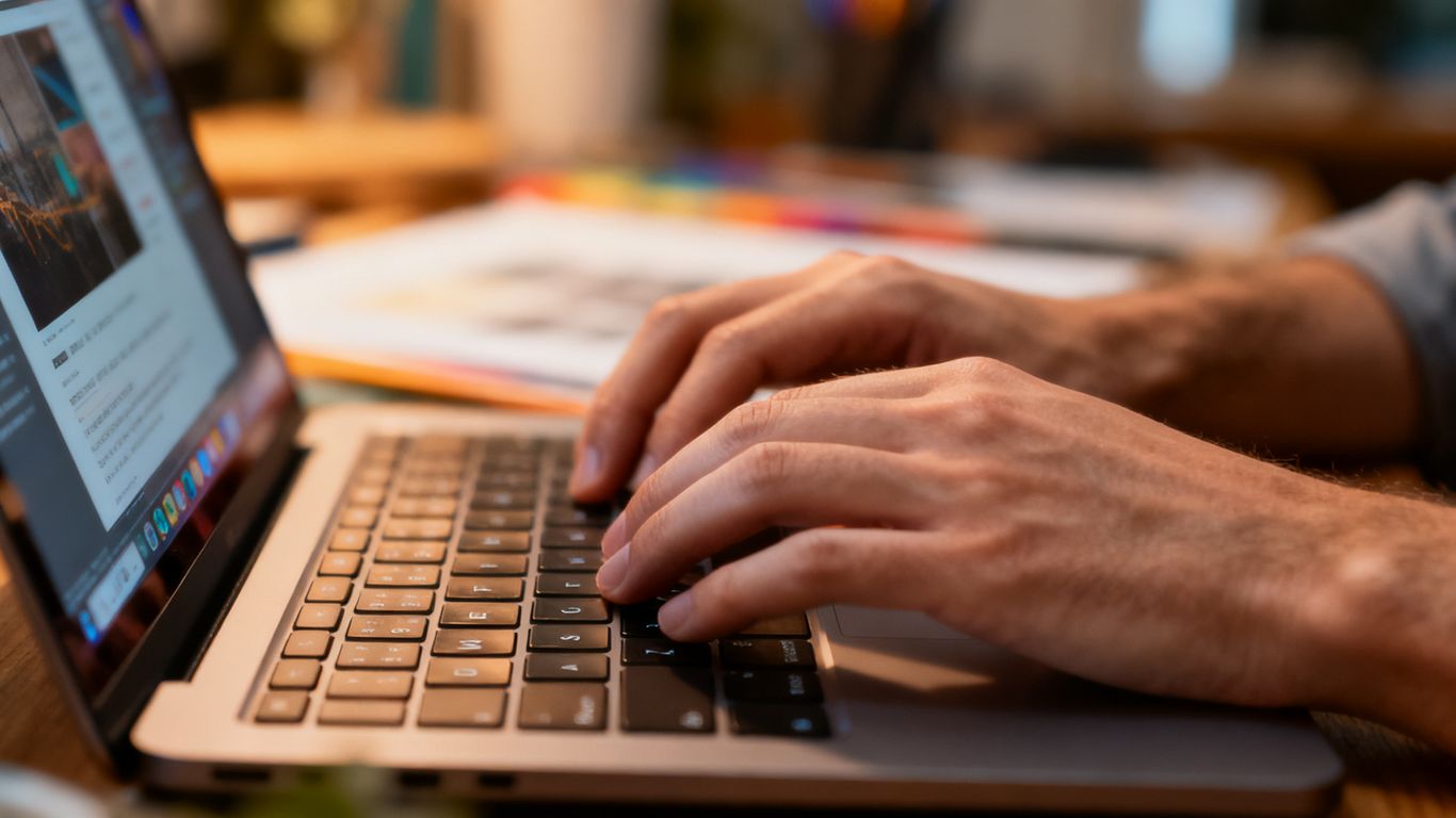 Hands typing on a laptop keyboard, creating content.