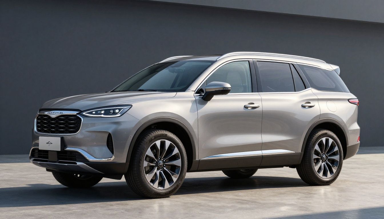 منظر أمامي وجانبي لسيارة Chrysler Airflow SUV موديل 2028، يبرز تصميمها العصري الصندوقي والشعار الجديد