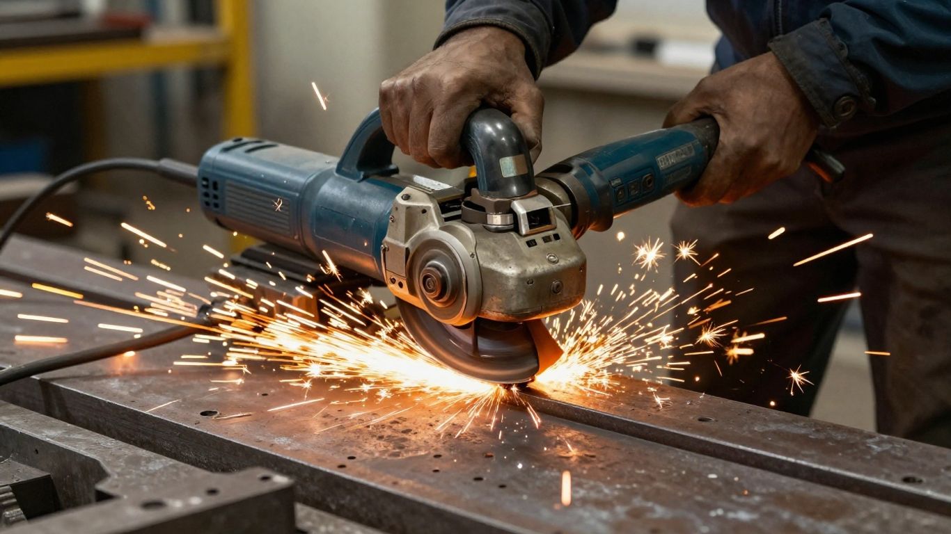 Industrial belt grinder working on large metal project - Dai Nhan Machinery