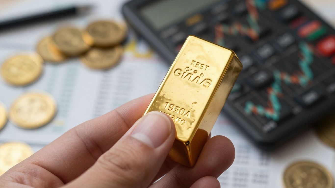 一只金手拿着一根金条，金条下方是一个钱包。