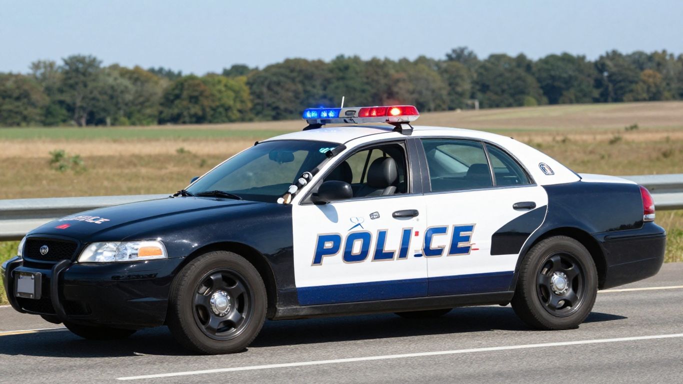 Police car with lights on roadside