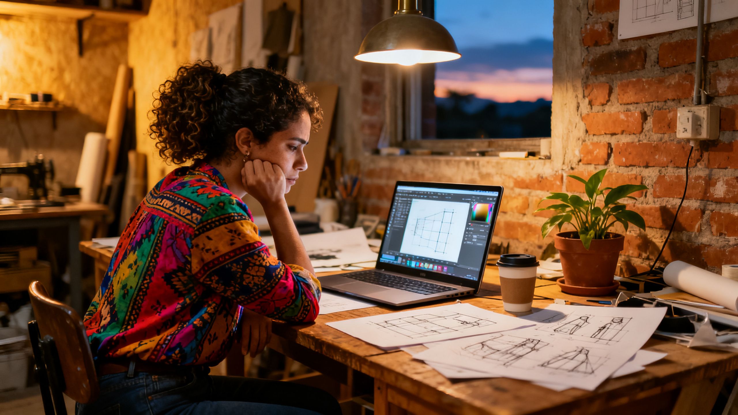 Emprendedora colombiana trabajando hasta tarde en su computador en un pequeño taller o estudio