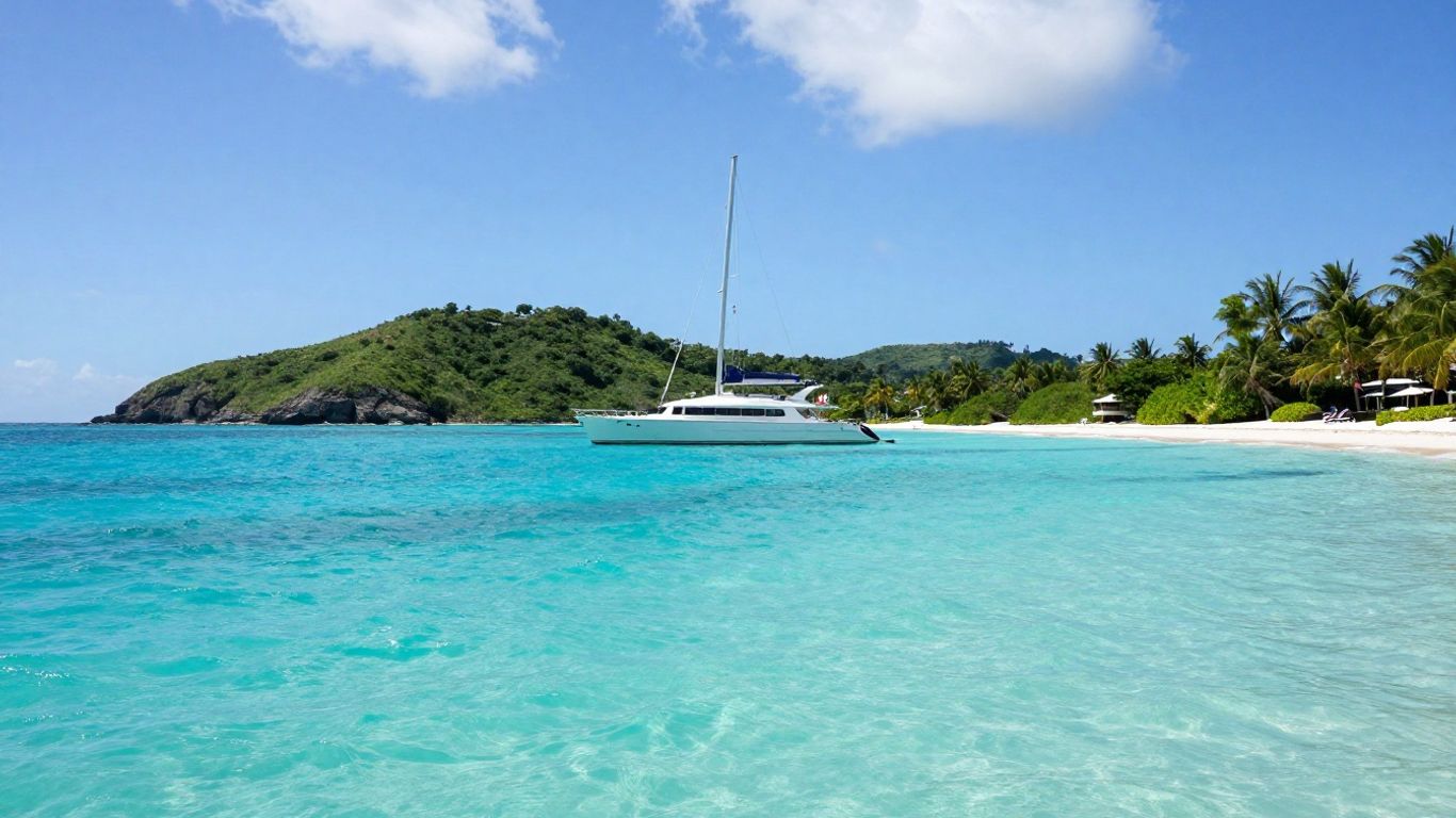 Catamaran sailing in clear Caribbean waters near islands.