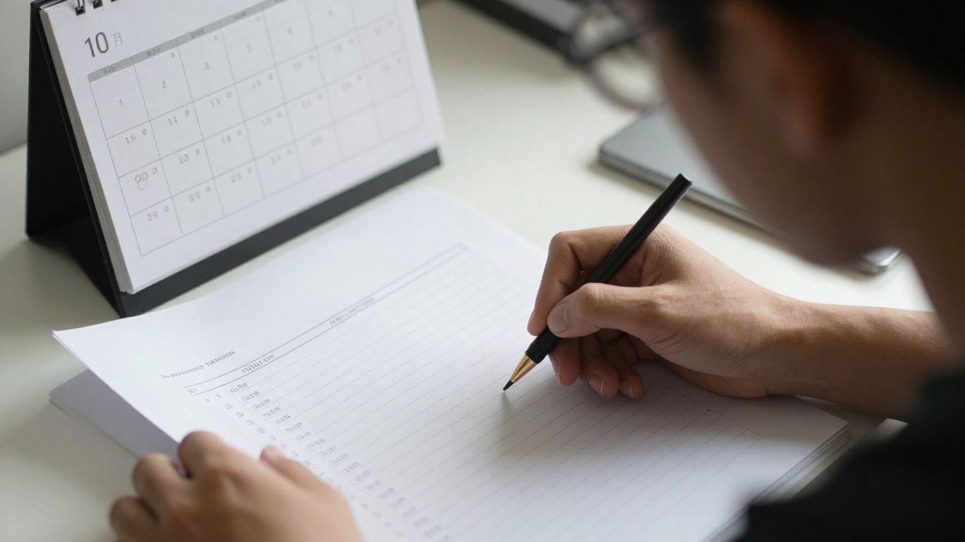 Person working at a desk with a calendar.