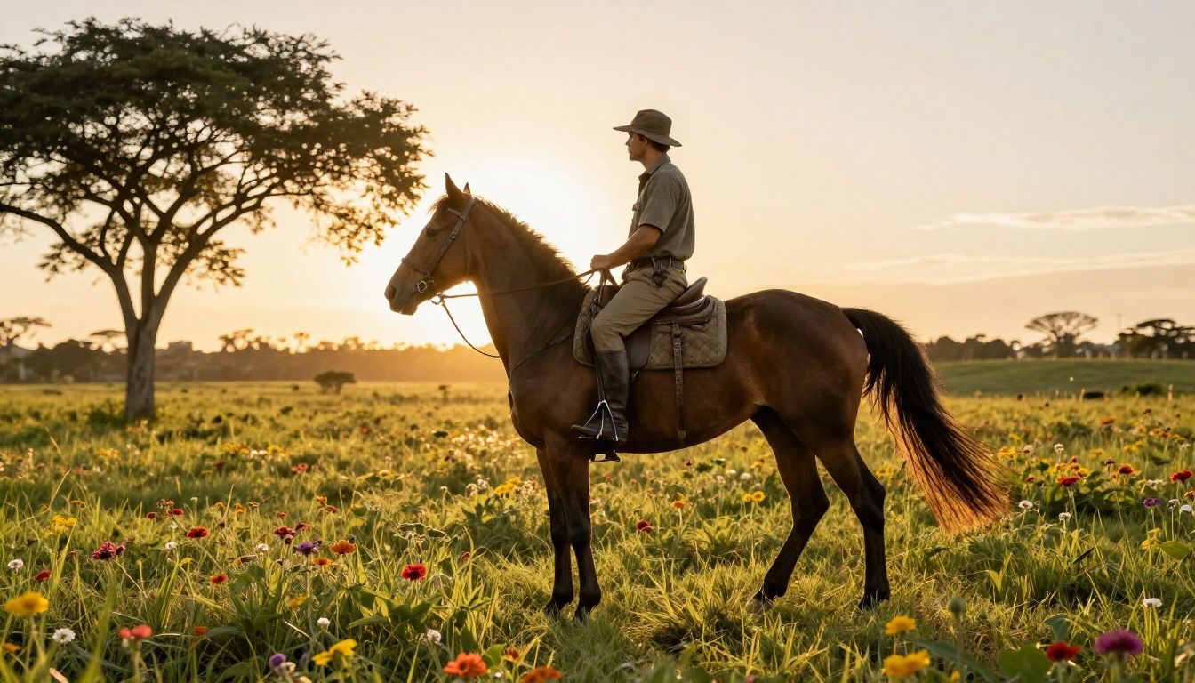 Um caçador montado em um Palamute atravessando um vale deslumbrante sob o pôr do sol, cercado por flora vibrante