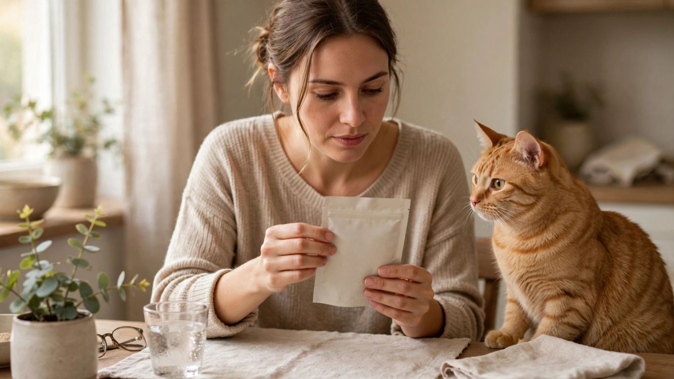 Cat owner checking a supplement label at home