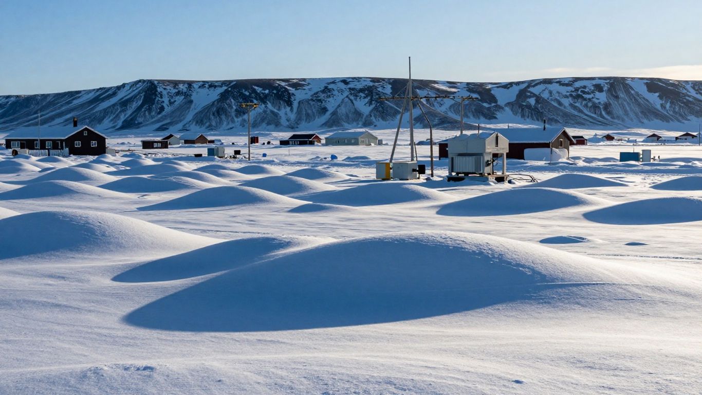 Arctic power equipment beside a snow-covered settlement