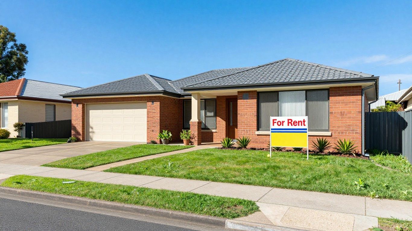 Australian houses on a sunny street, one for rent.