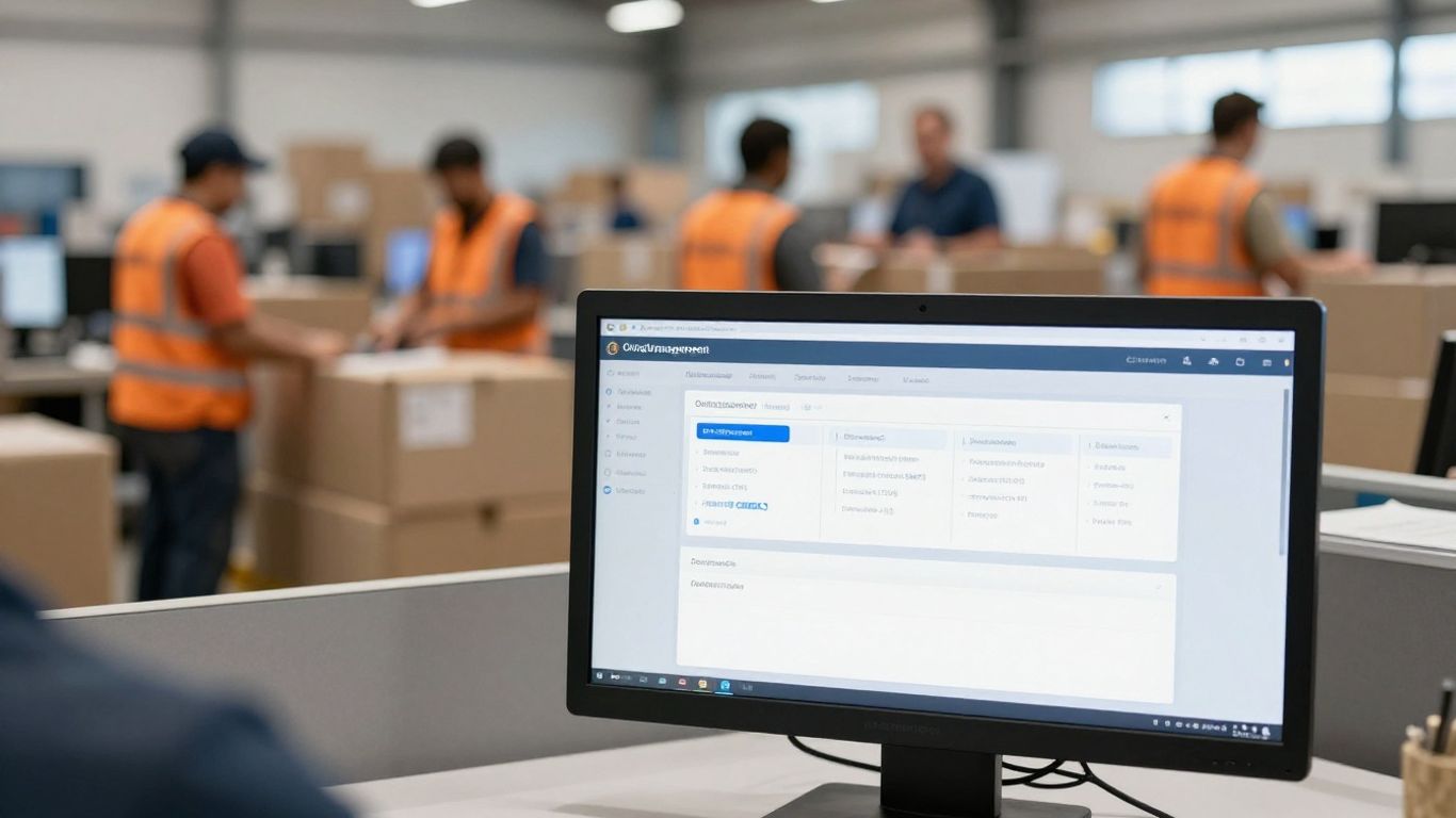 Order management system interface with blurred distribution center operations.