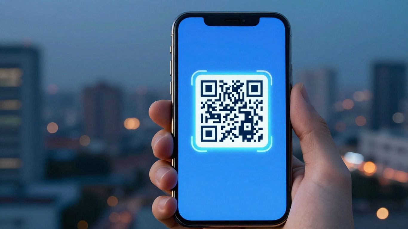 Smartphone scanning a glowing QR code on a blurred city background.