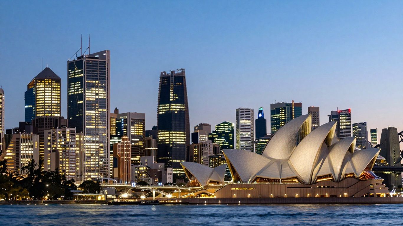 Sydney skyline at dusk with Opera House and Harbour Bridge.