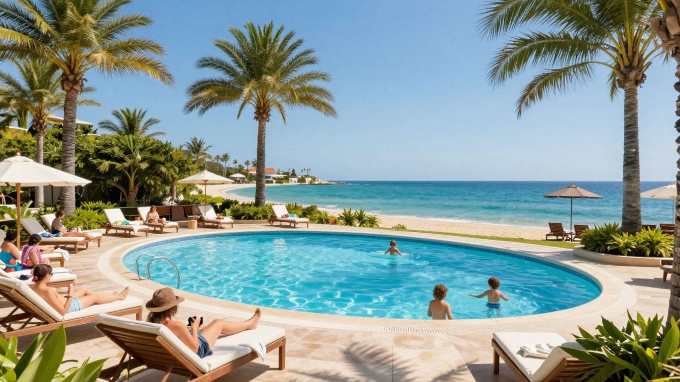 Resort pool with palm trees and ocean view.