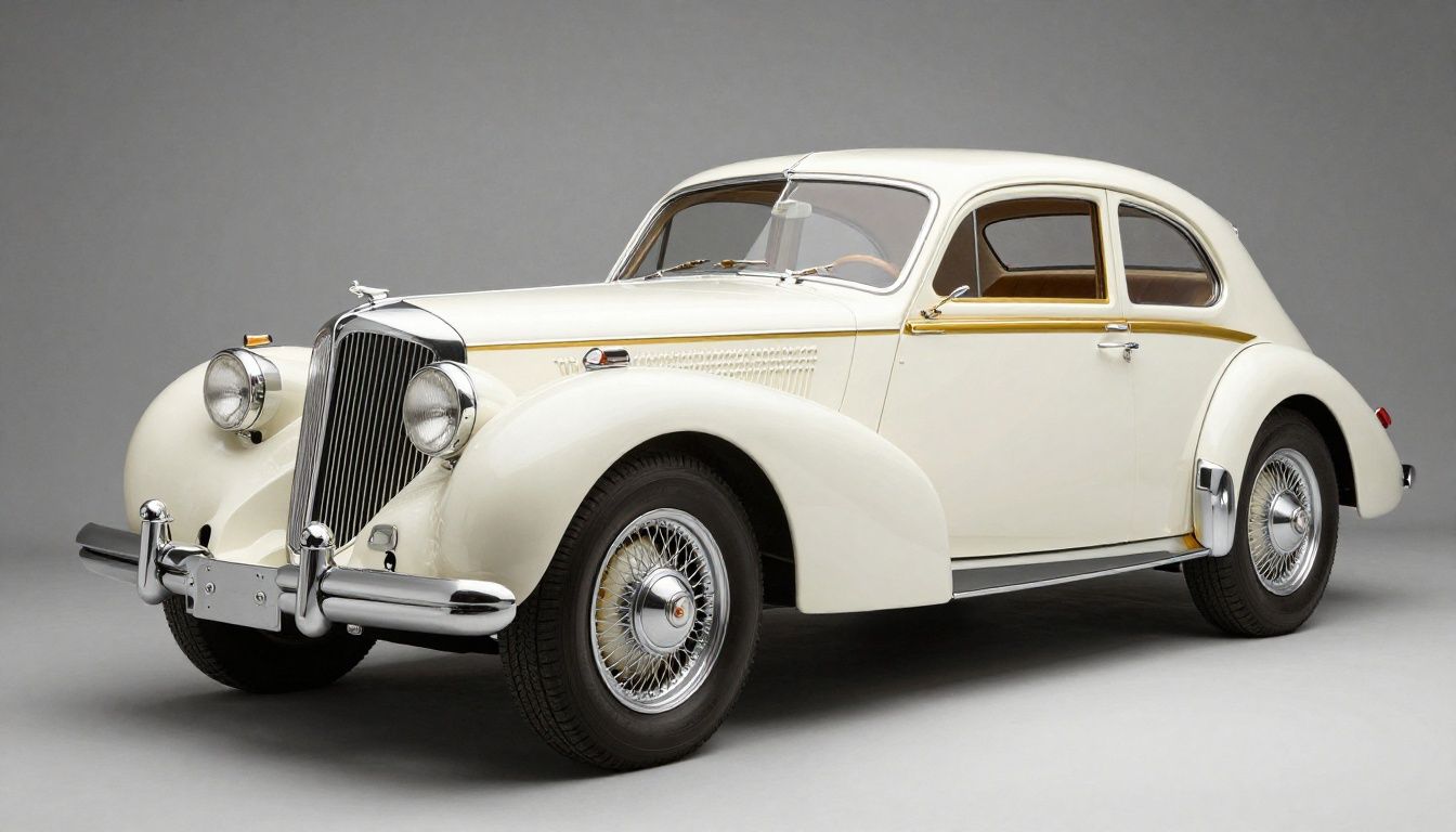 سيارة Cadillac Elegante concept car كلاسيكية من عام 1955 بلمسات بيضاء وذهبية معروضة في أجواء استوديو احترافية