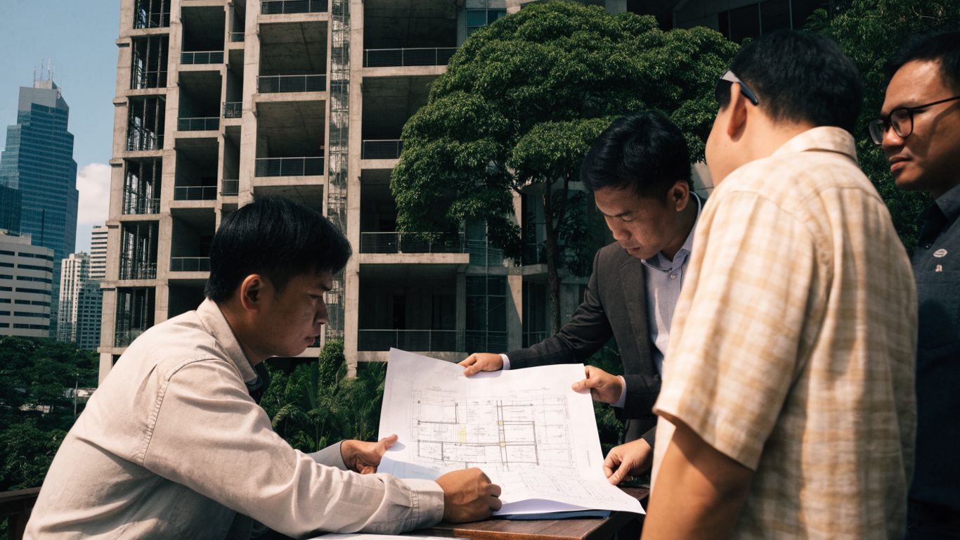 Singapore building plans reviewed at a project site