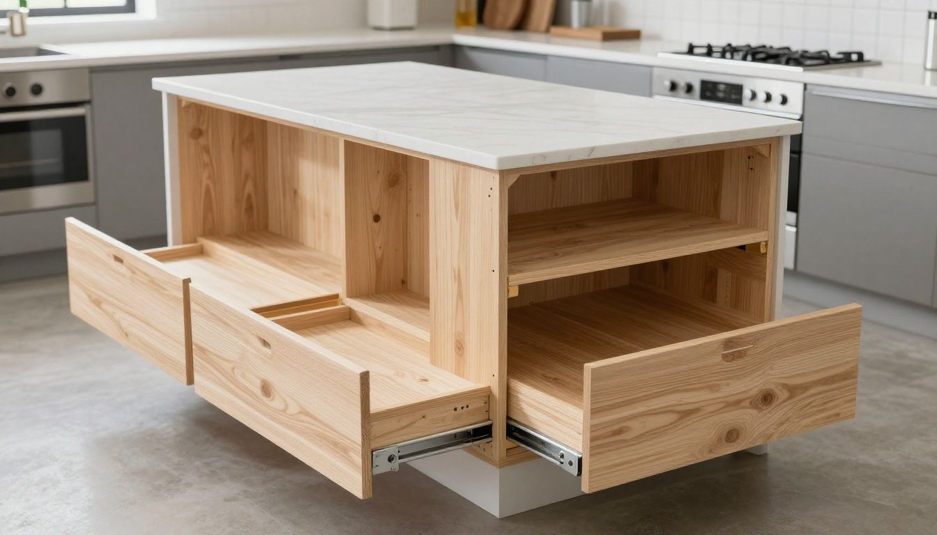 A professional shop drawing of a kitchen island showing cross-sections of drawer slide mechanisms and load-bearing timber construction
