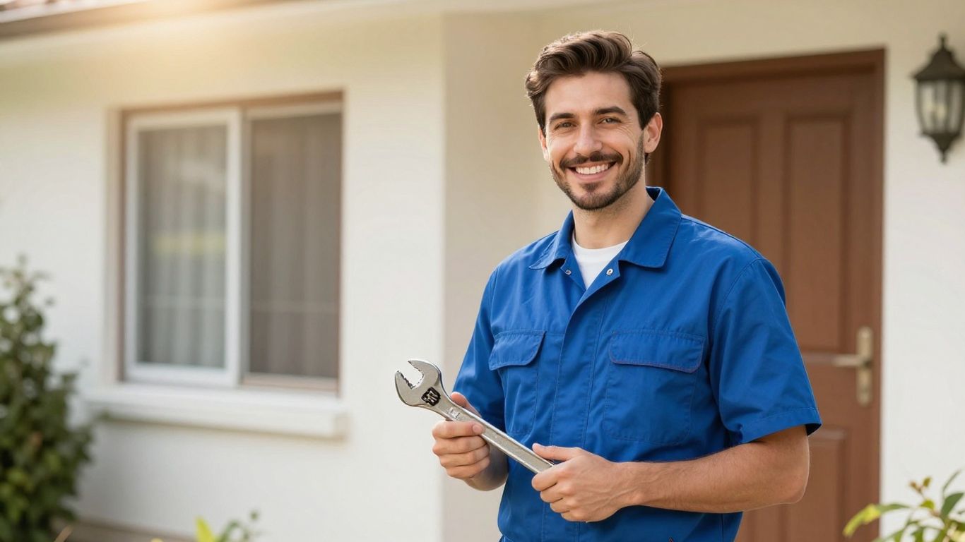 Trusted HVAC technician holding a wrench outside a home.