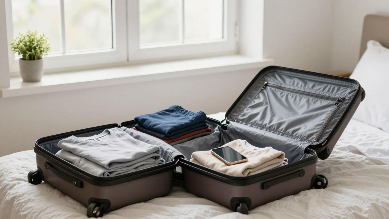 Bright apartment interior with travel bag and map