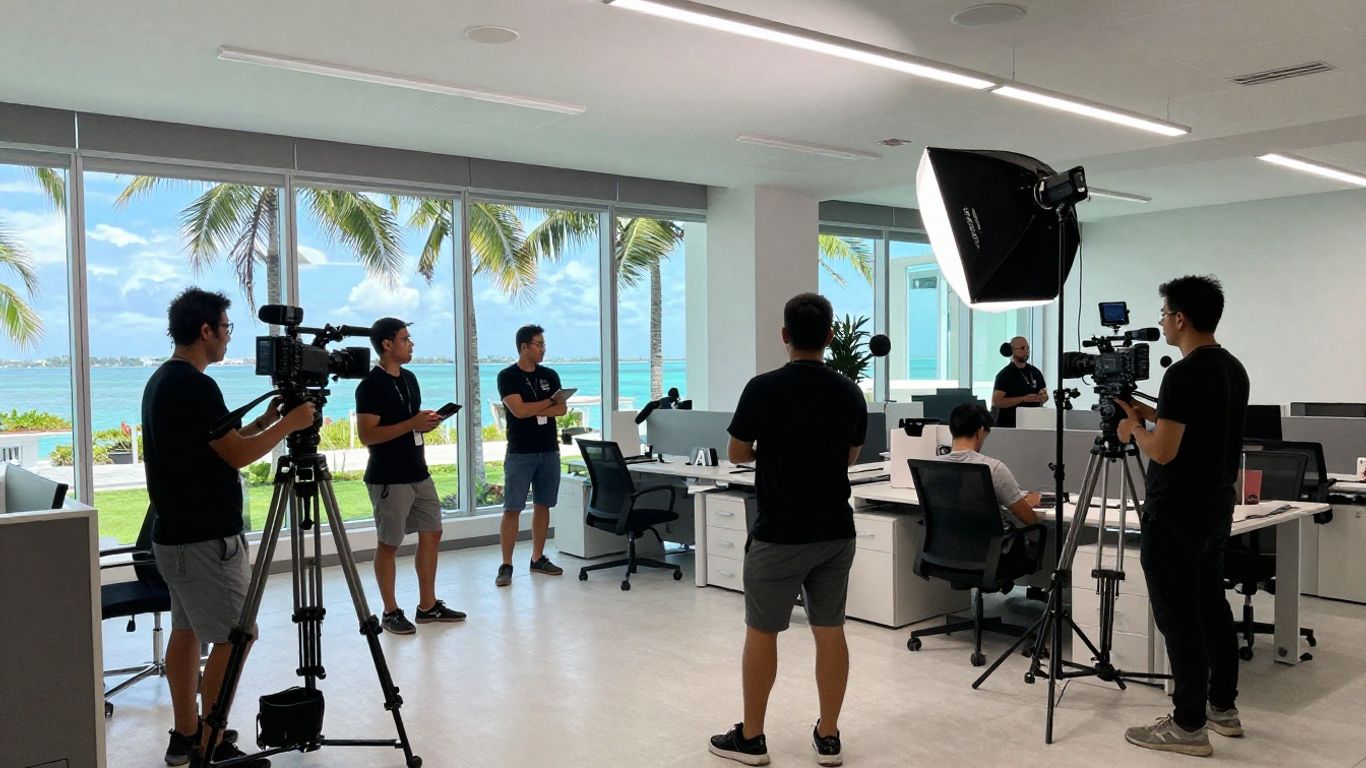 Video production team preparing cameras and lighting on location