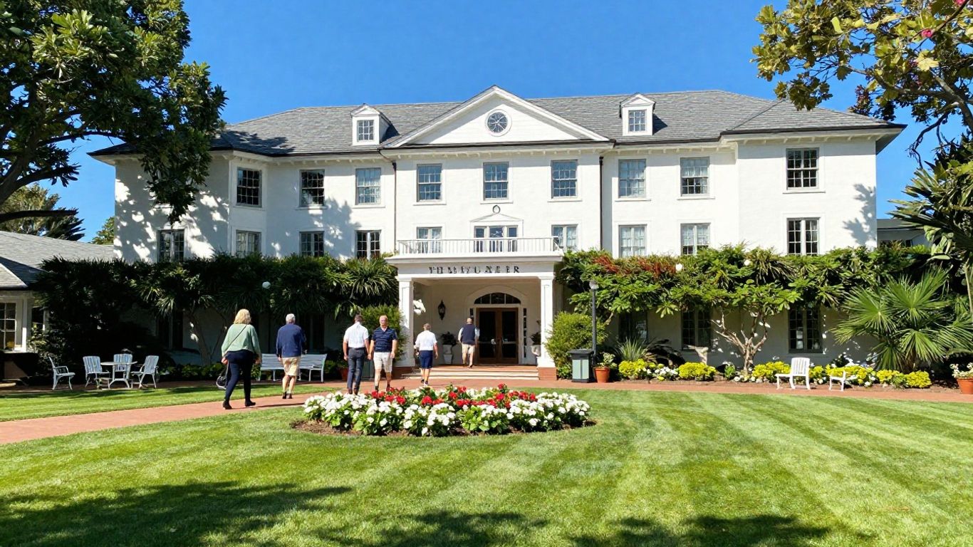 Vineyard Hotel exterior with guests arriving on a sunny day.