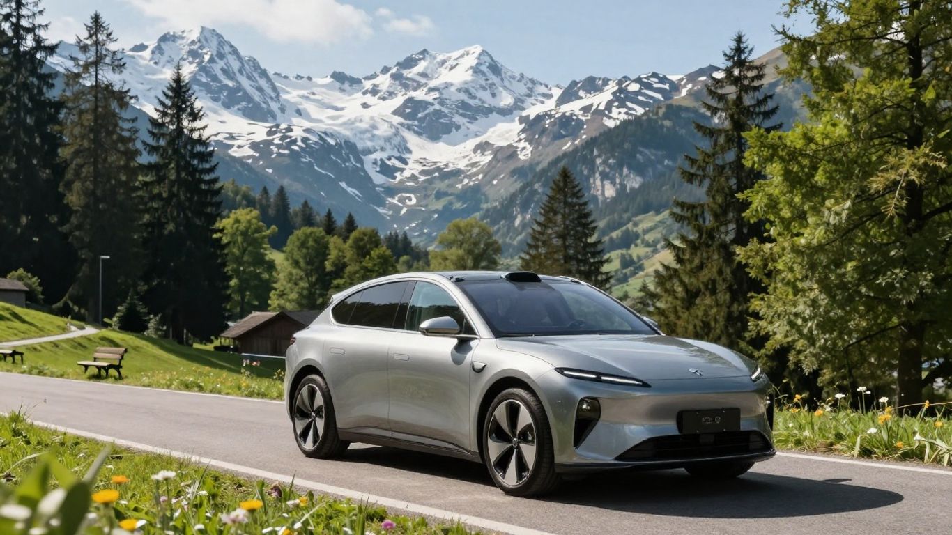 Elektroauto auf Schweizer Bergstraße mit Schneebergen.